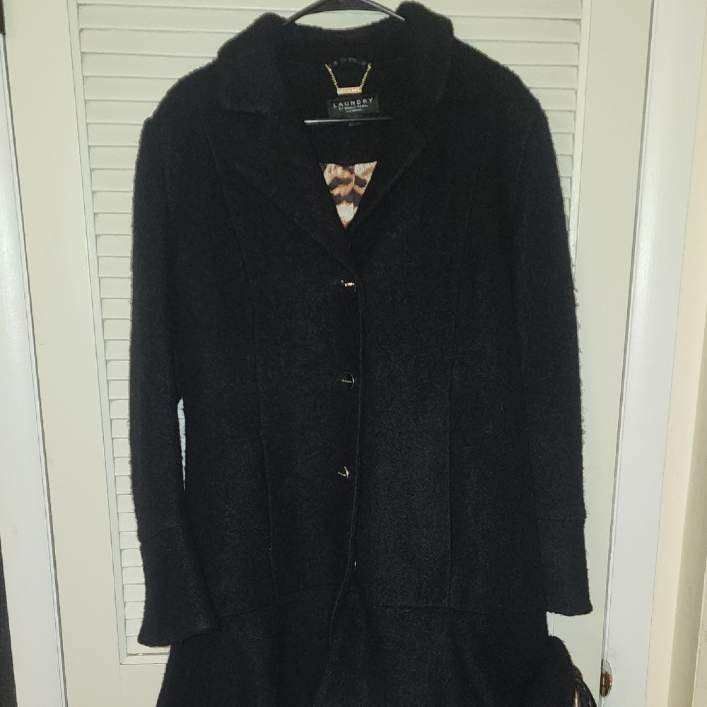 Laundry by Shelli Segal Black Wool Blend Coat Leopard Lining Size L